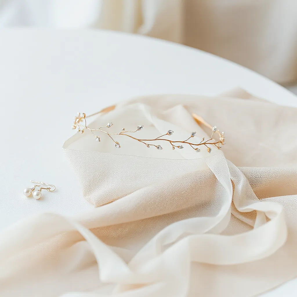 Delicate vine-like bridal headpiece, matching drop earrings, and sheer veil laid on neutral fabric