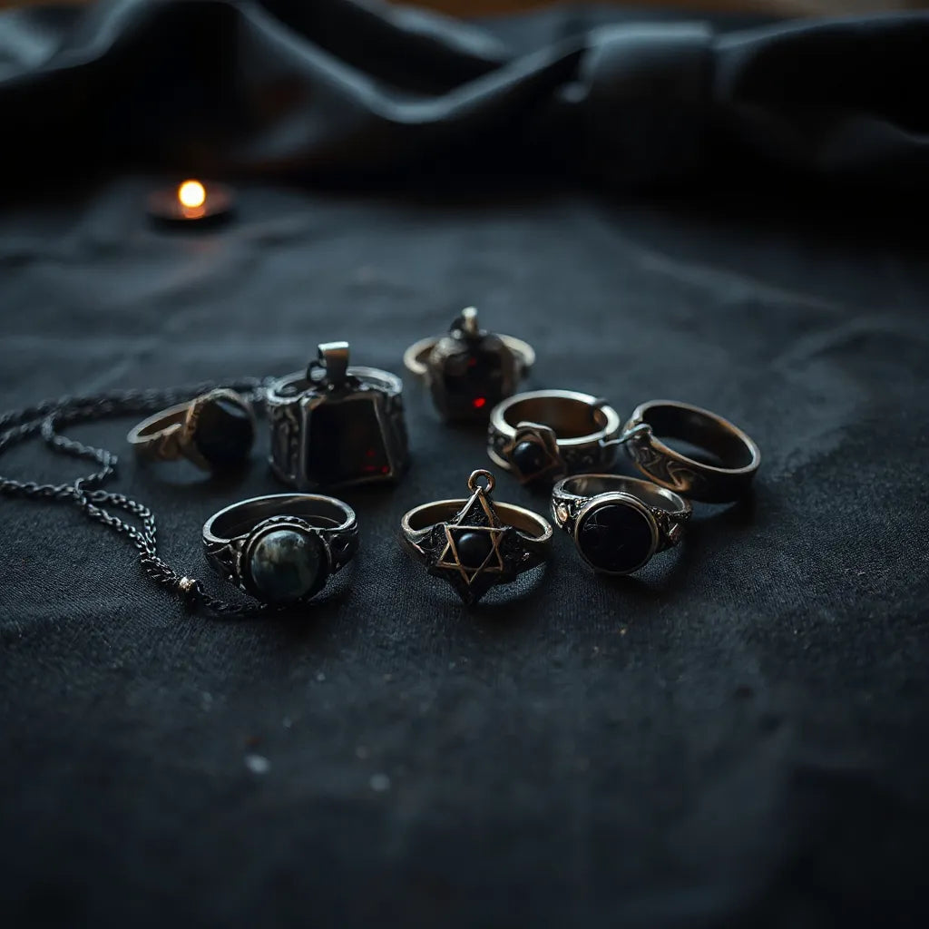Dark gothic pendants and rings with occult-inspired details resting on black fabric in moody candlelight
