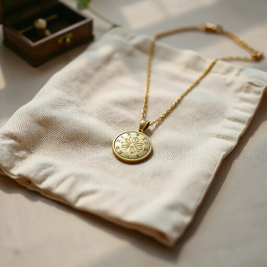 Antique-inspired heirloom pendant necklace resting on natural linen with warm side lighting and a softly blurred jewelry box