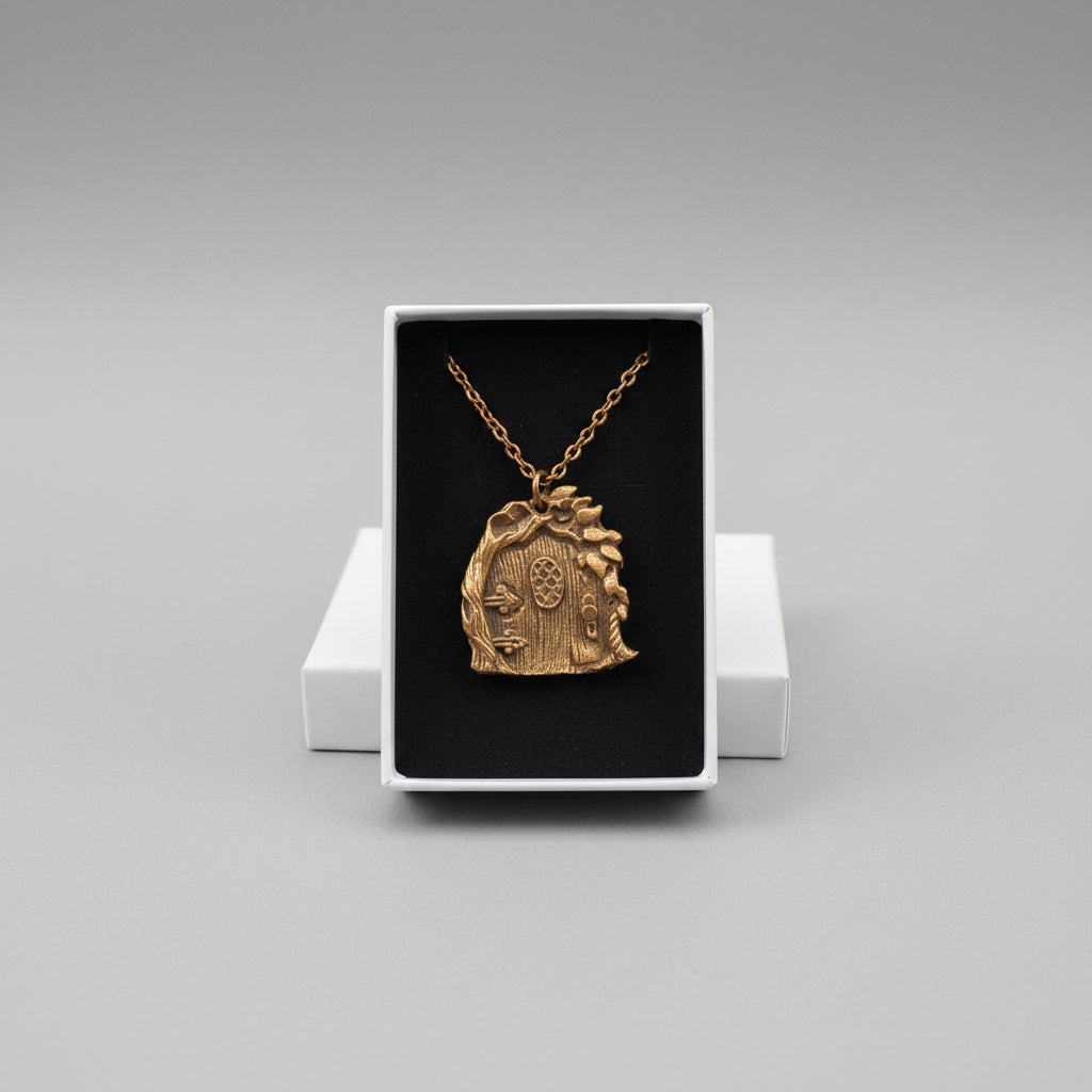 A copper-toned fantasy door pendant necklace displayed inside an open white jewelry box with black lining, placed on a gray textured surface next to a wooden jewelry organizer.