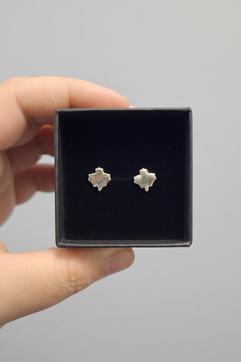 A pair of small silver stud earrings displayed on a black square jewelry box, held by a hand in an indoor setting with a blurred background.