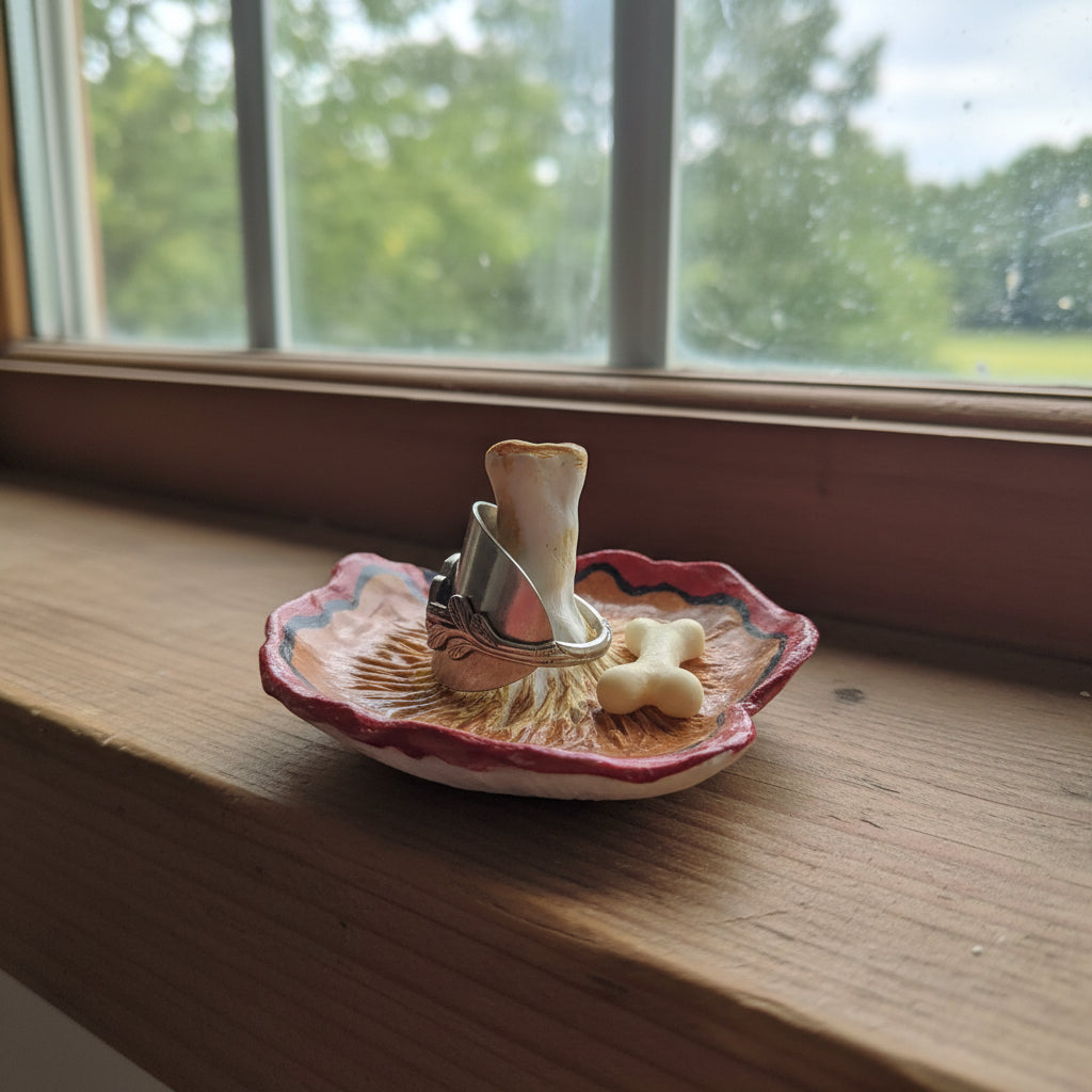 A mushroom-shaped ring holder or decorative stand with a brown gill pattern, red outer edge, and a silver metal band around the center, placed on a patterned cushion in a dim indoor setting.