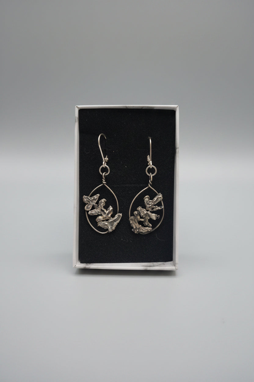 A pair of dangling earrings displayed in a small black presentation box, held in a hand. The earrings have a textured, organic silver-tone design resembling leaves or coral, suspended from simple fishhook wires.