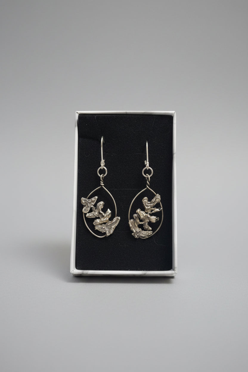 A pair of gold-toned dangling earrings displayed in a black jewelry box, held by a hand in a home setting with a fan and furniture blurred in the background.