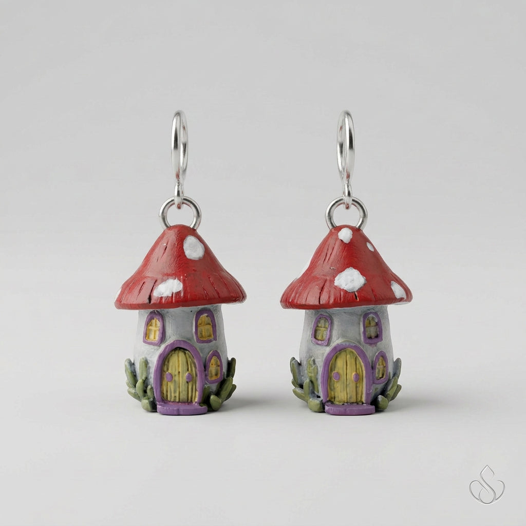 A pair of small mushroom-shaped charms with silver jump rings, featuring red caps, white spots, purple bases, and yellow windows, resting on a gray textured fabric background.