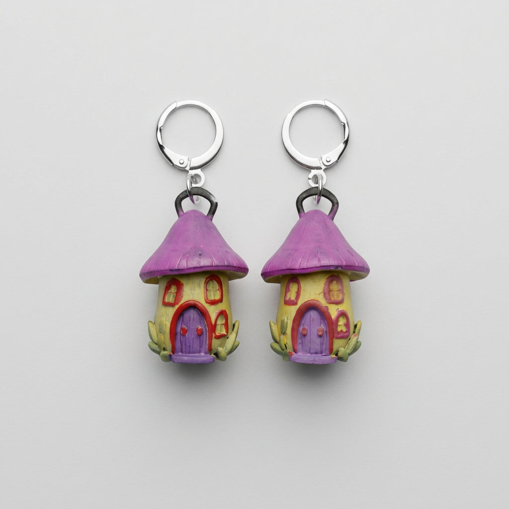A pair of small fairy house charms with silver keyring loops, resting on a textured gray fabric background.