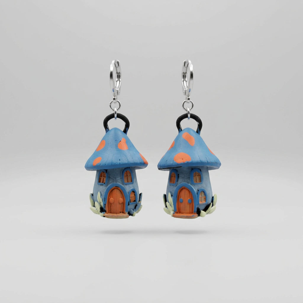 A pair of handmade fairy house keychains with silver metal key rings, resting on a gray textured fabric surface.